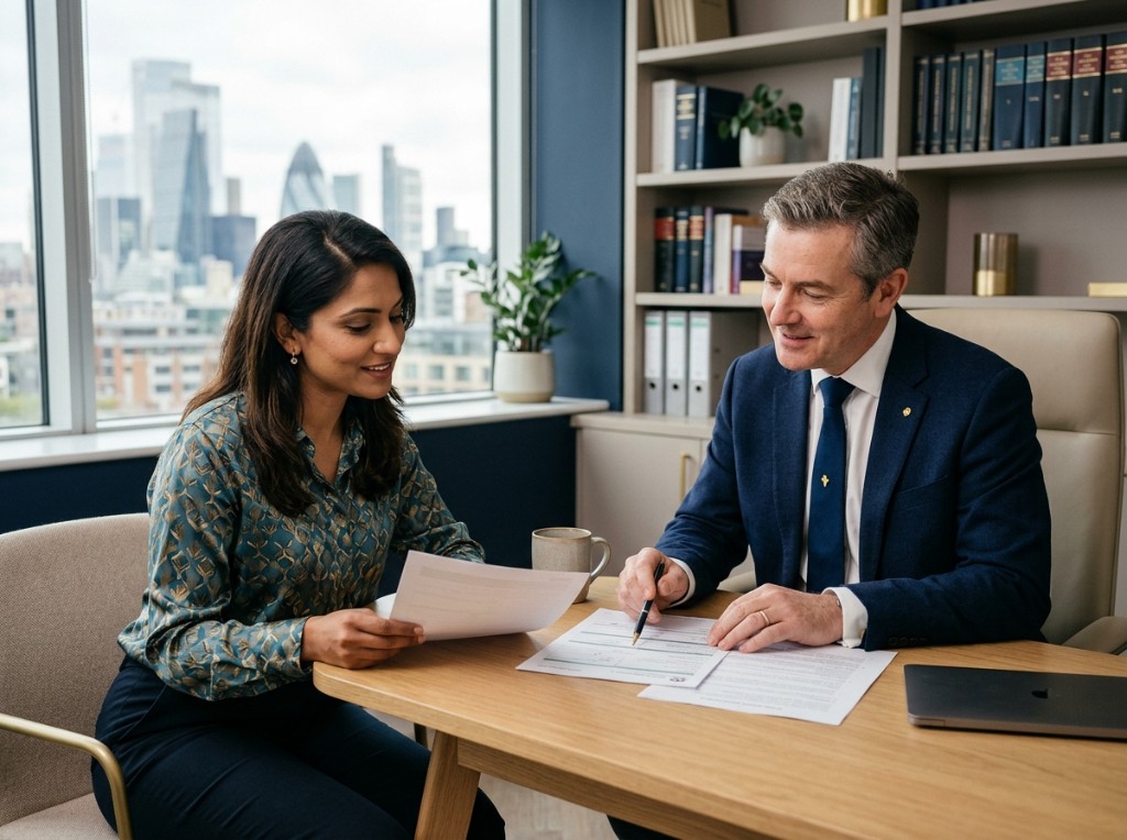 Copland Immigration Services consultation — advisers reviewing documents together in a modern office